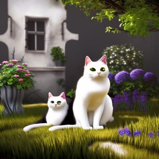 Black and White Cats in Summer Garden Art