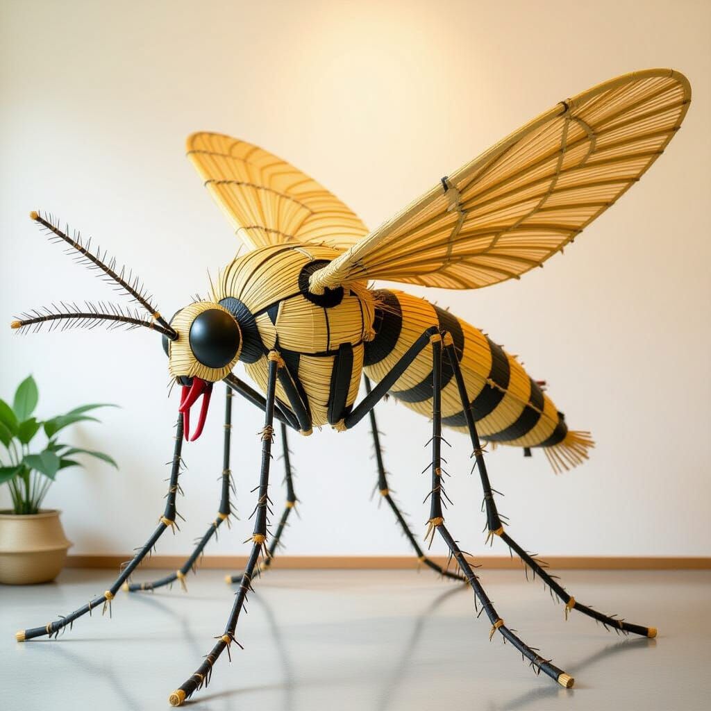 Colossal Rice Straw Mosquito Sculpture in Folk Art Style