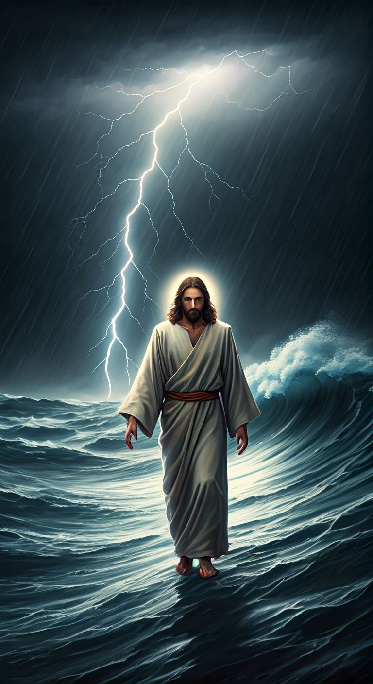 Jesus Walks on Stormy Sea with Lightning