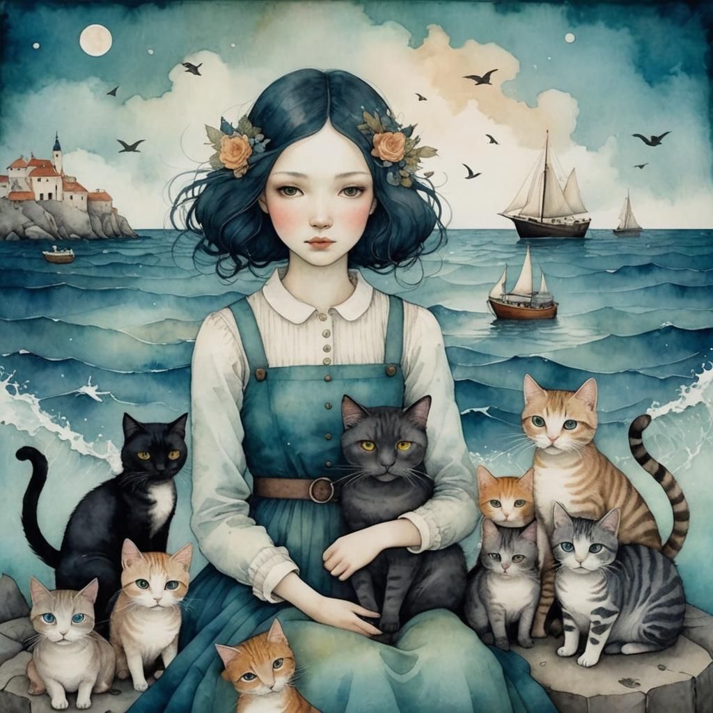 Whimsical Watercolor Girl with Cats Illustration