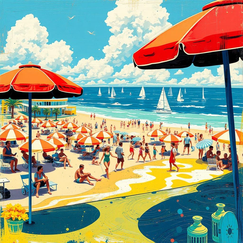 Retro Seaside Resort Poster in Graffiti Style