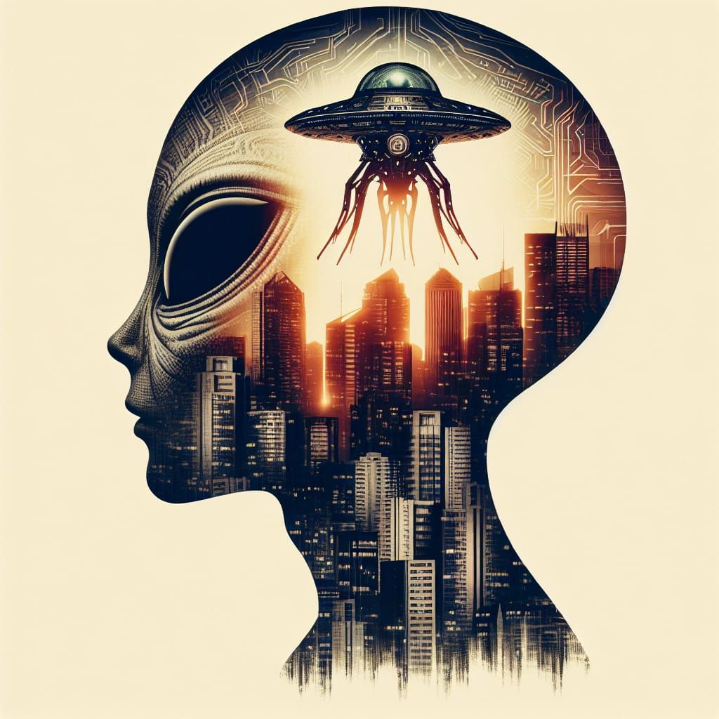Alien Civilization Double Exposure in Comic Art Style
