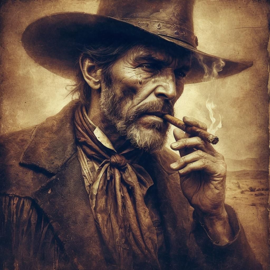 Weathered Cowboy Smoking Cigar in Western Landscape