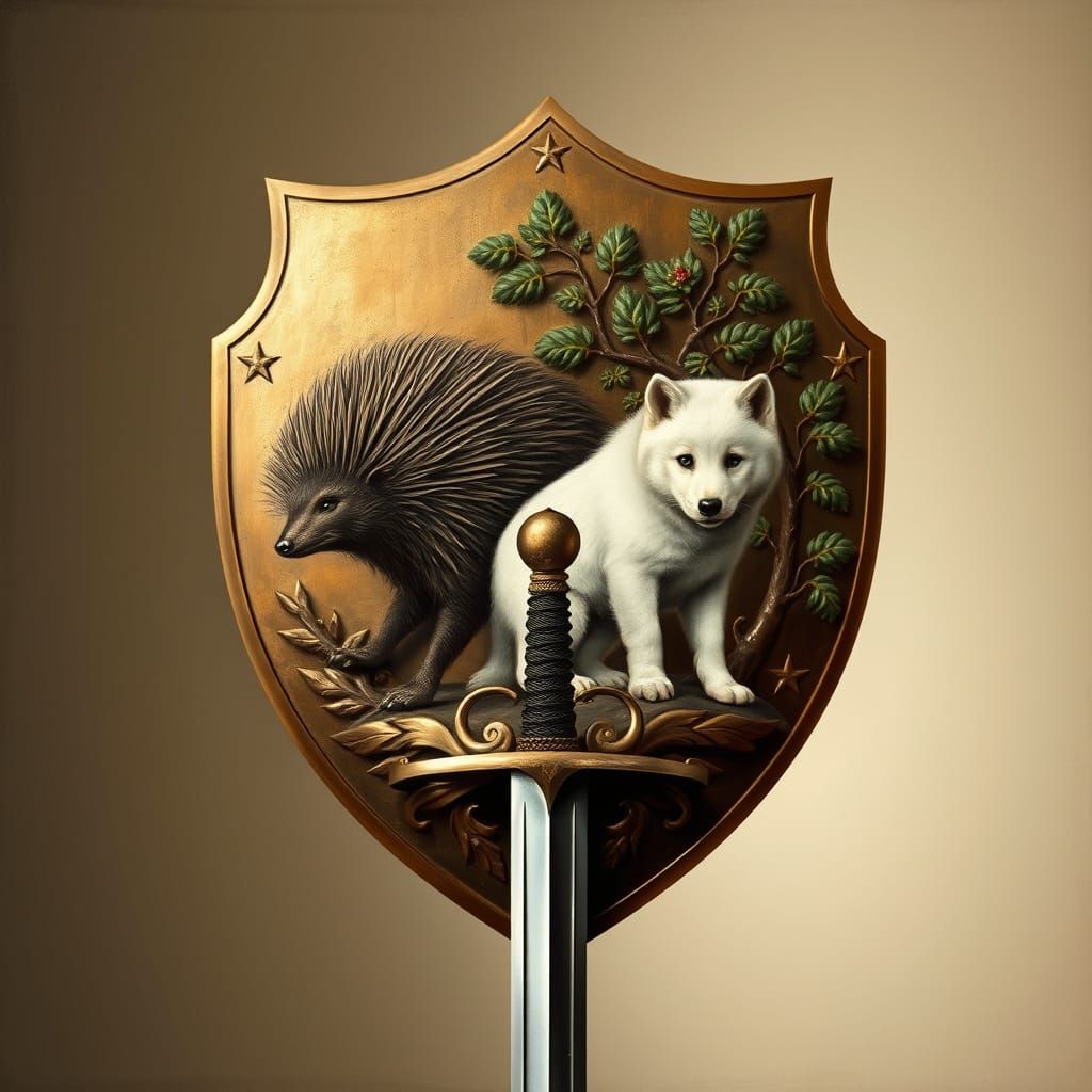 Elegant Bronze Shield with Porcupine, Wolf and Linden Tree