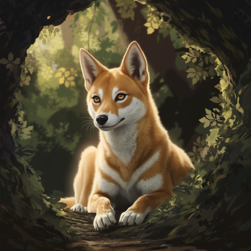 Golden Dingo Goddess in Cel-Shaded Forest