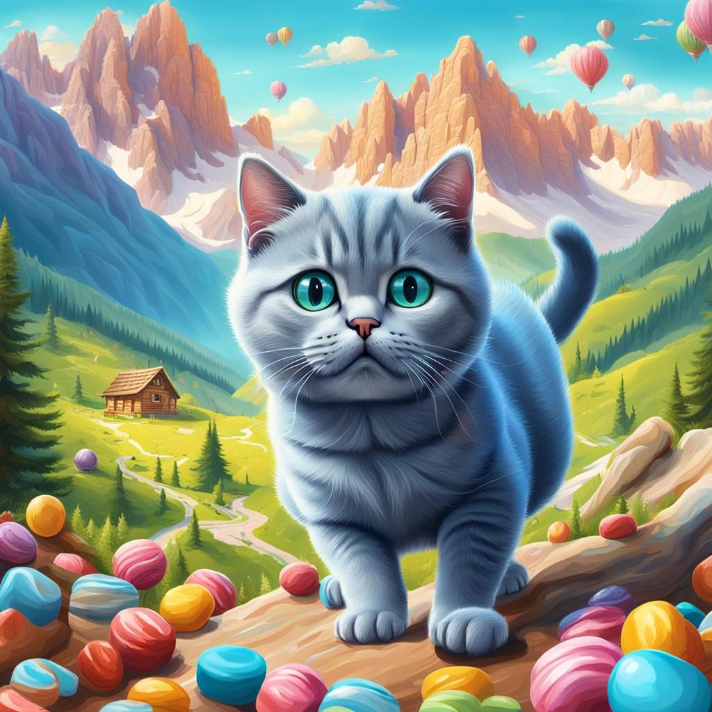 Blue Cat Chasing Mouse in Candy Mountainscape