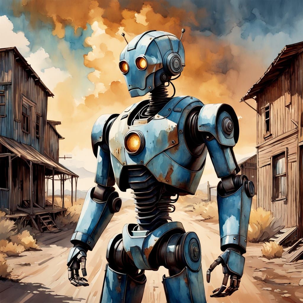 Rustic Metal Robot in Vintage Western Landscape