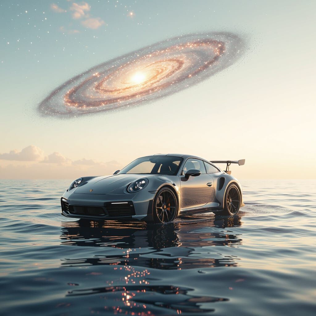 Porsche 911 Drifting Near Galaxy in Cosmic Vista