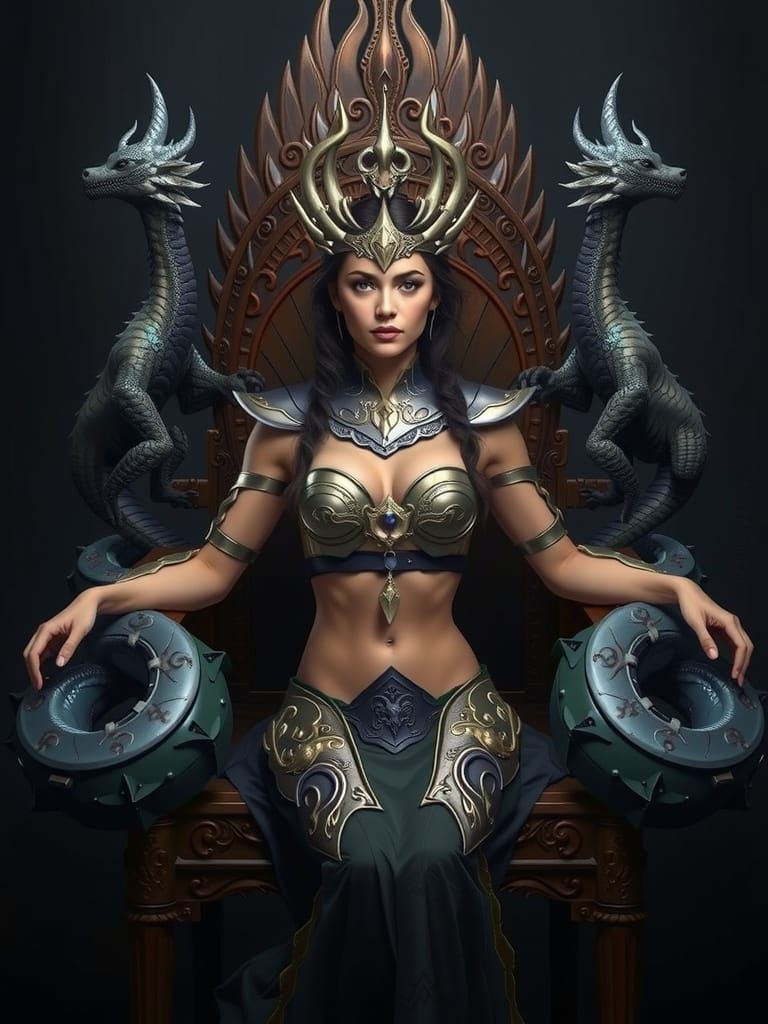 Regal Fantasy Warrior Queen with Dragons and Armor