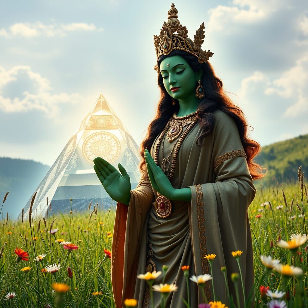 Majestic Green Tara Beside a Glowing Energy Pyramid in a Lus...