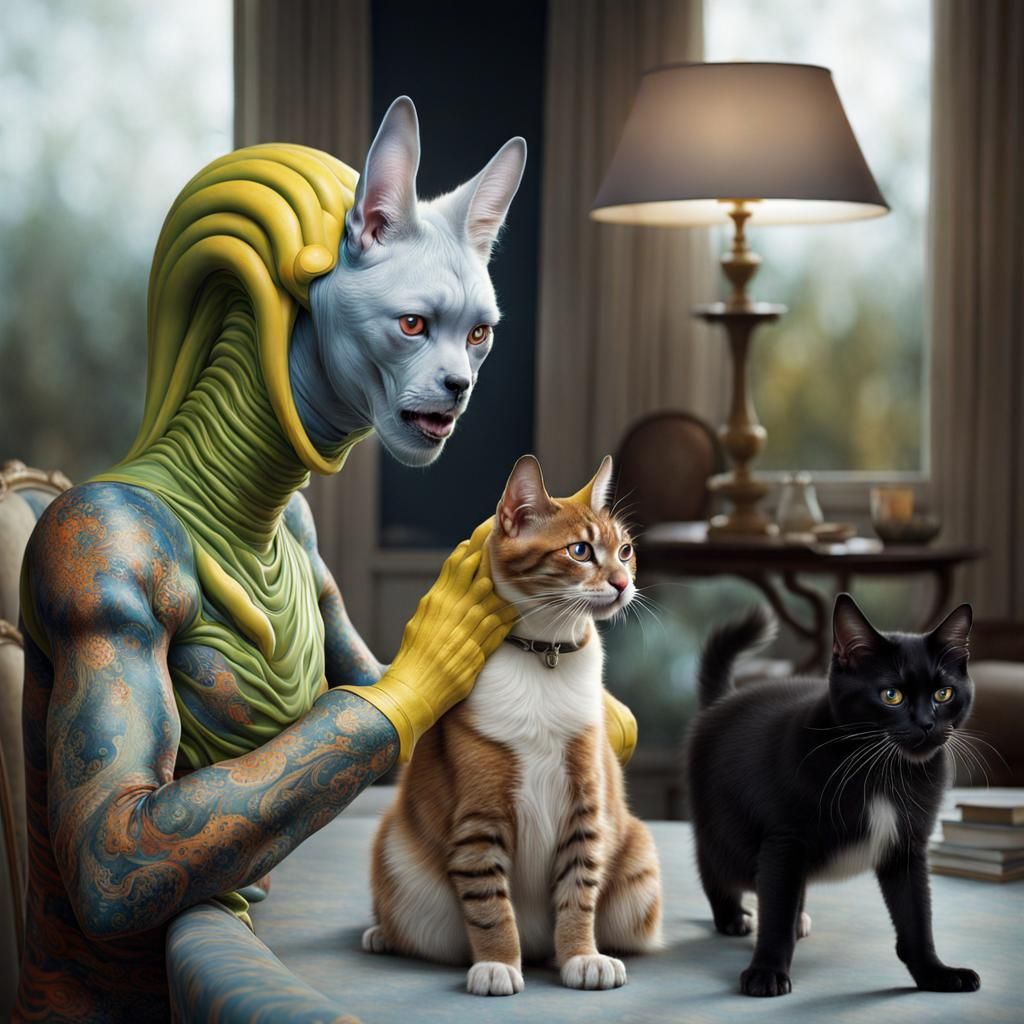 Alien Portraits with Pets in Hyperrealistic Style
