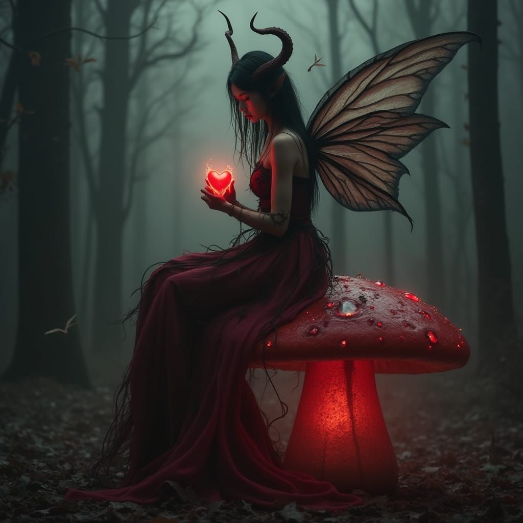 Surreal Demon Fairy Sits on Glowing Mushroom in Dark Forest