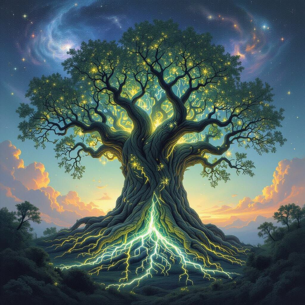 Ancient Tree with Bioluminescent Roots in Nebula Sky