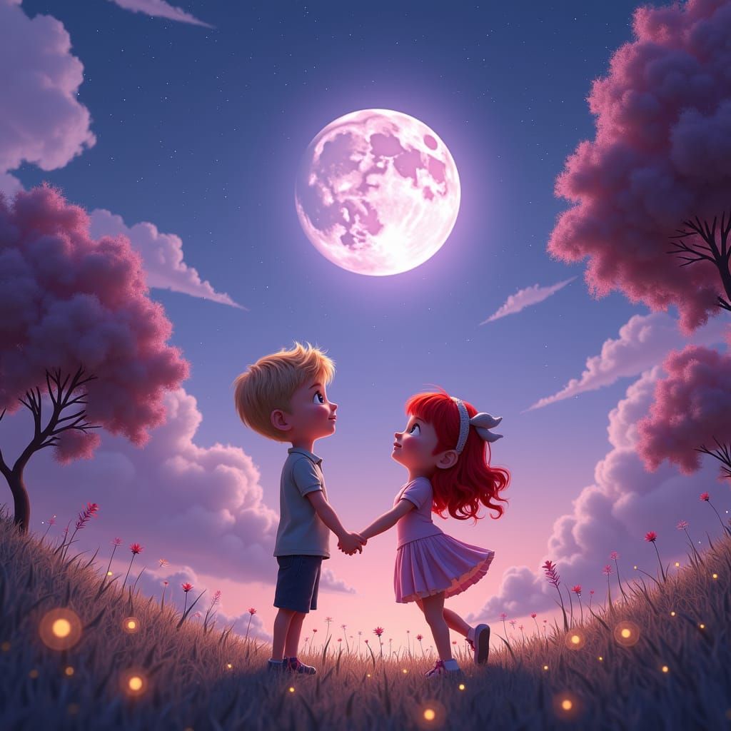 Children Gazing at Moonlit Sky in Matte Painting Style