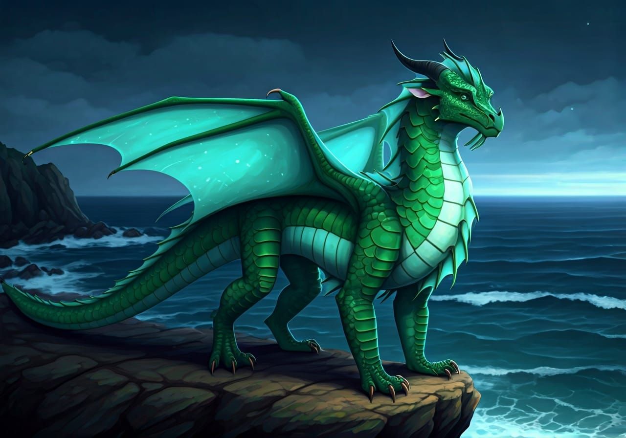 Seawing Dragon on Rocky Cliff in Matte Painting Style