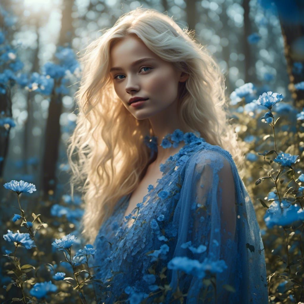 Blonde Woman in Blue Flower Forest at Sunrise