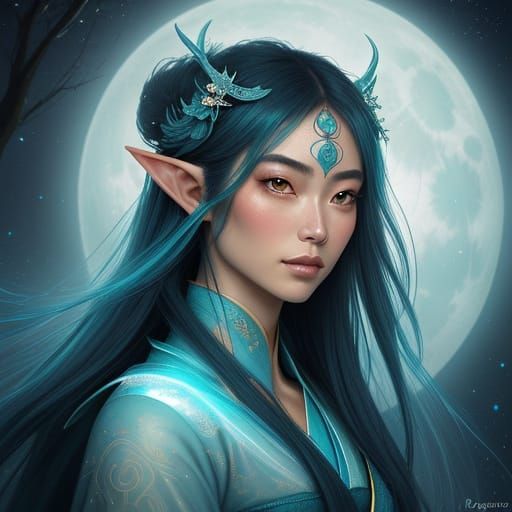 Enchanting Elf Geisha Under Bioluminescent Moon