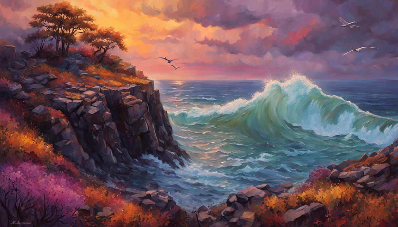 Vibrant Cliffside Sunset Over Lake and Ocean