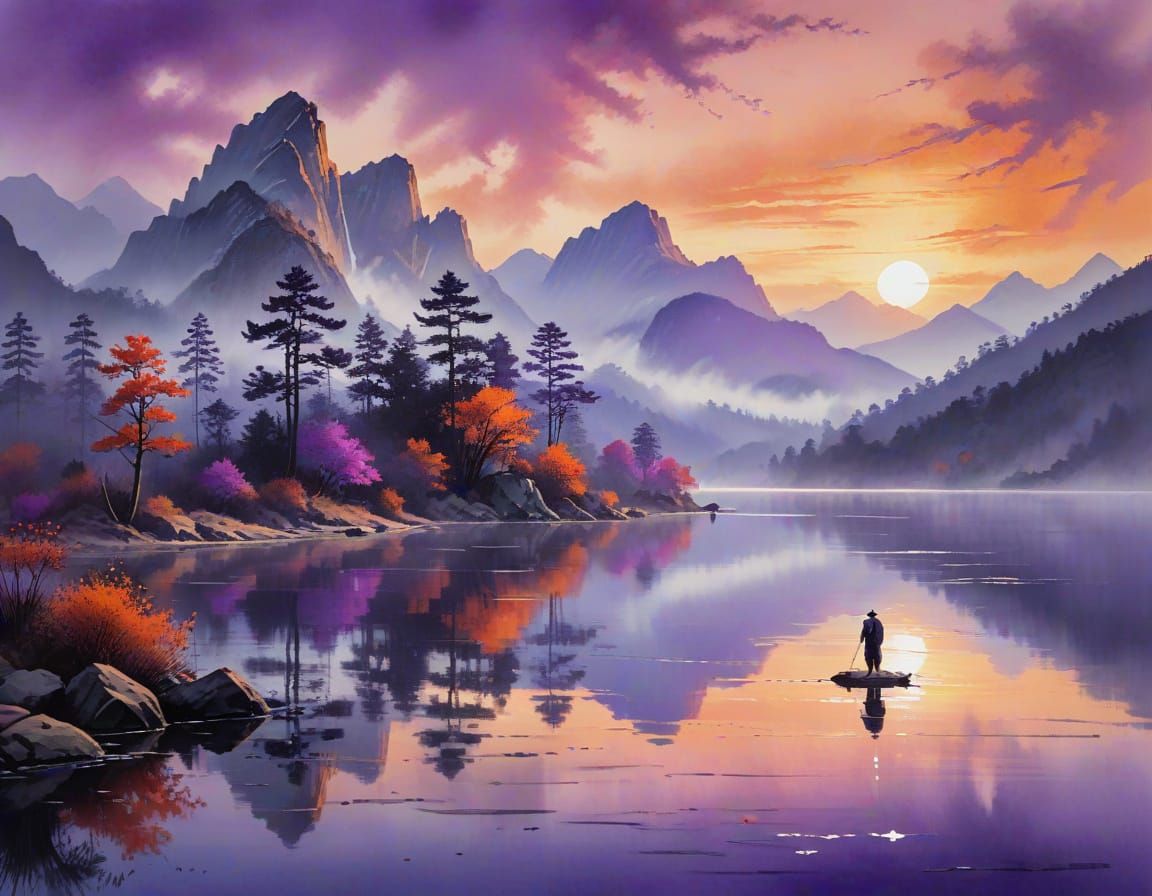 Serene Sunset Landscape in Chinese Ink Style