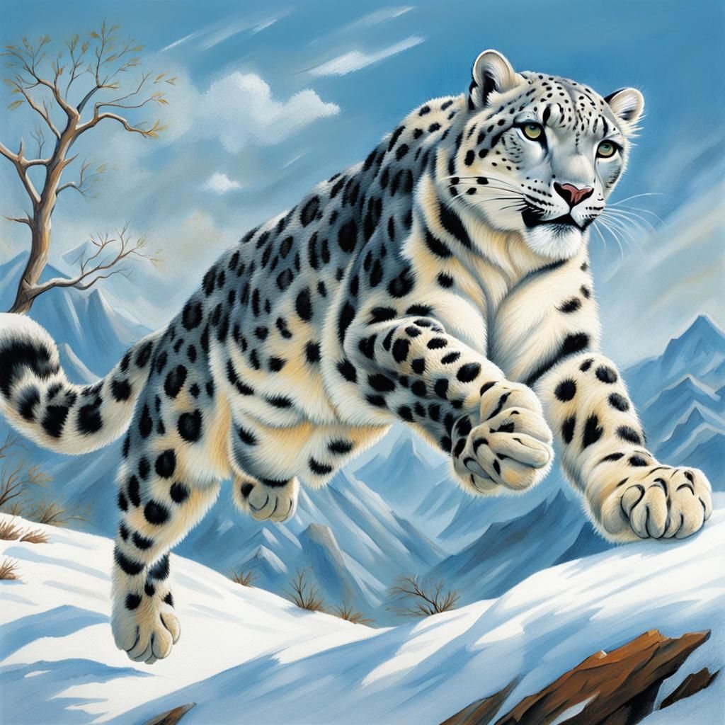 Snow Leopard Leaping: A Wildlife Art Study
