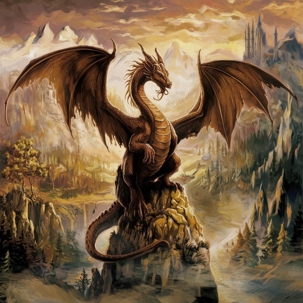 Golden Dragon Amidst Ethereal Fantasy Landscape