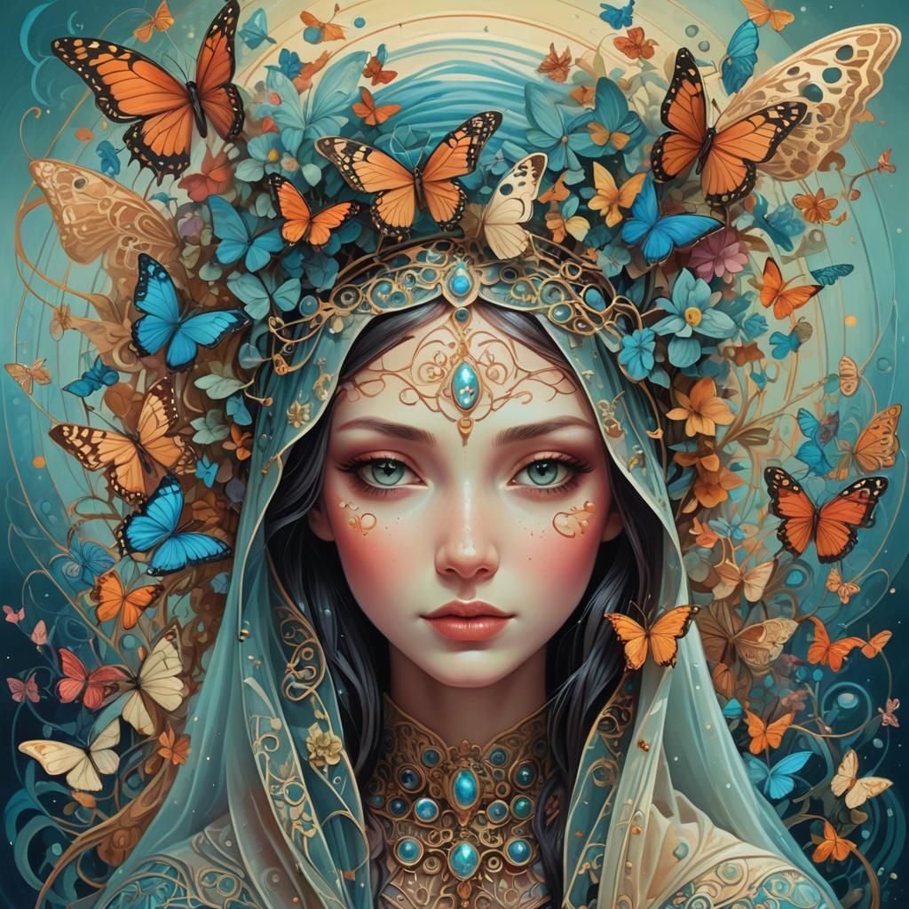 Woman with Butterfly Veil: Psychedelic Visionary Art