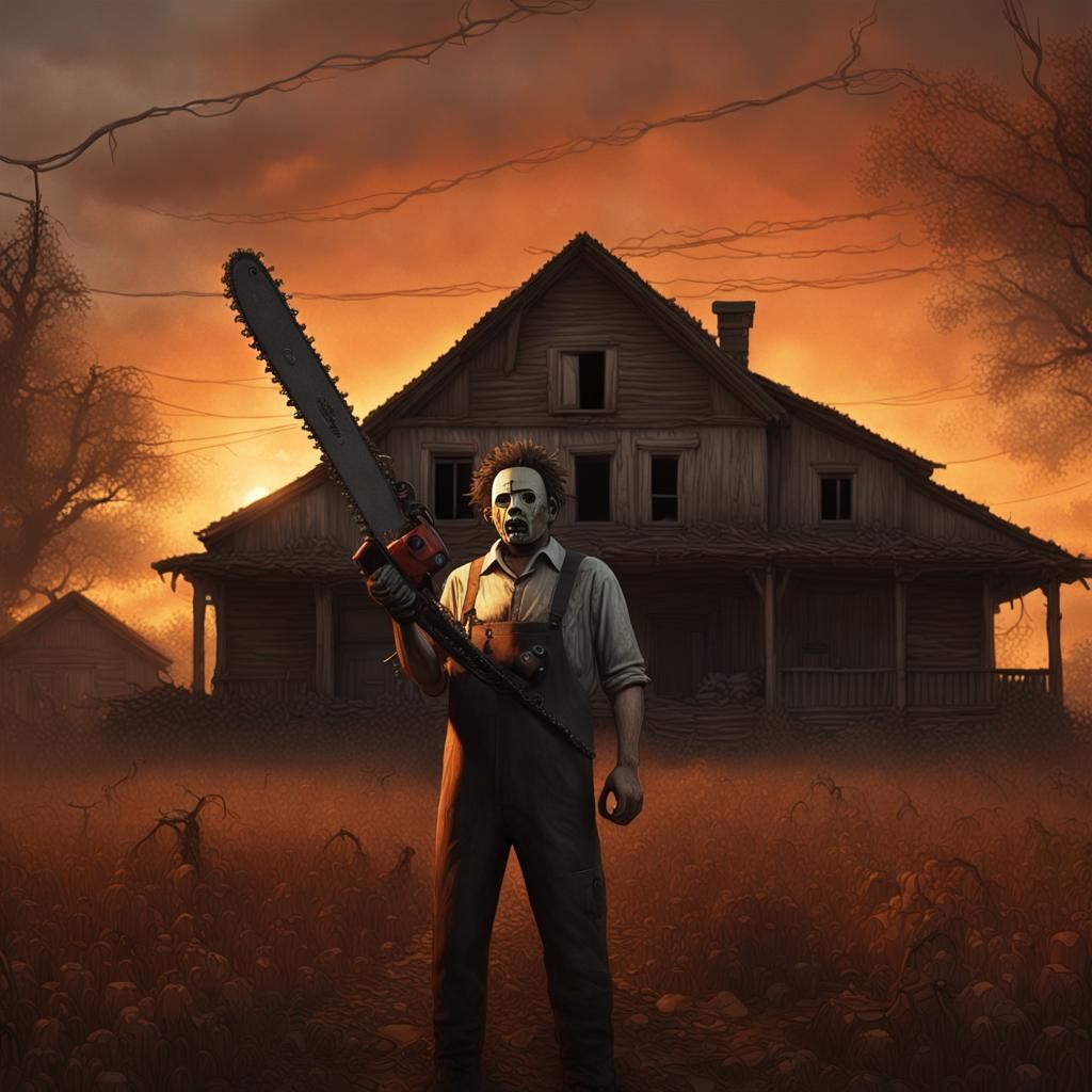 Leatherface with a huge chrome chainsaw