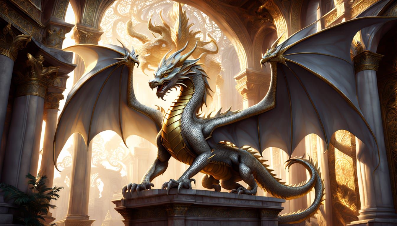 Silver Dragon in Regal Court, Majestic Fantasy Art