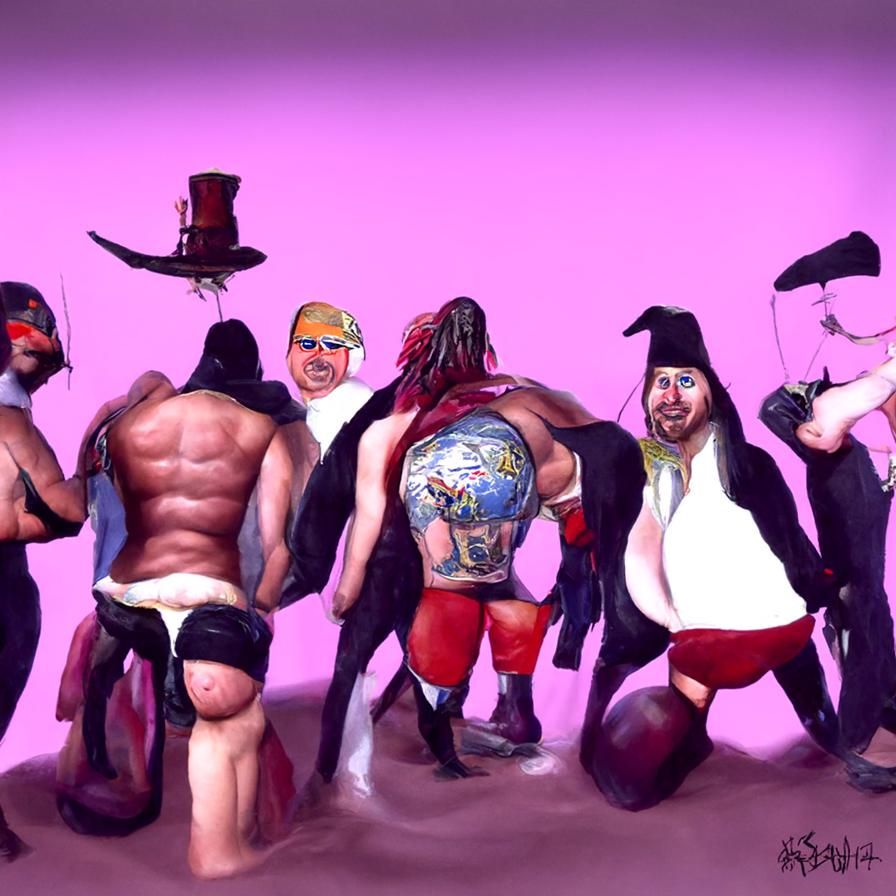 Madman Buttocks and his gang of pro wrestling pirate streamers who are taking over the internet. hyperrealism polished