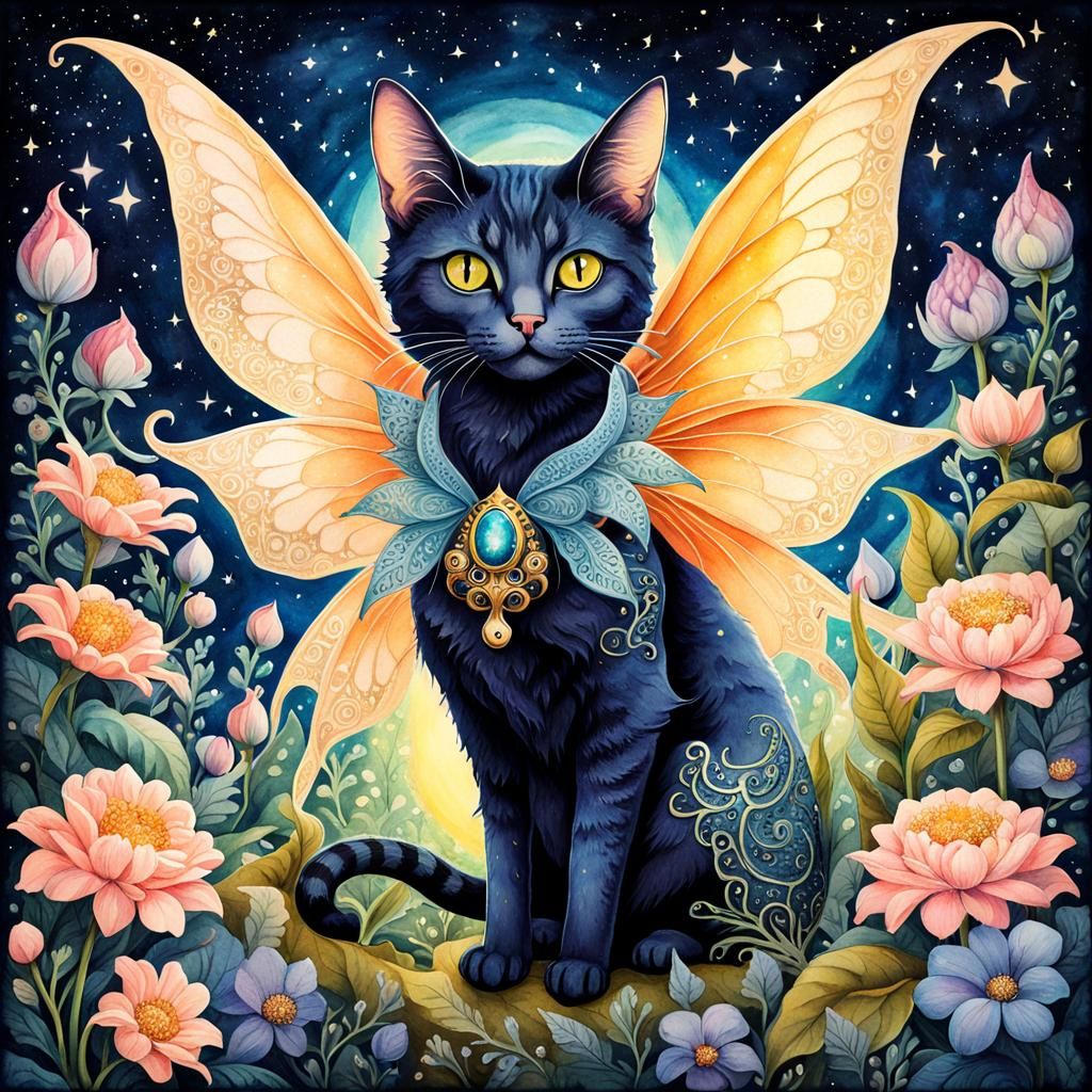 Lovecraftian Cat Fairy in Rococo Watercolor Forest