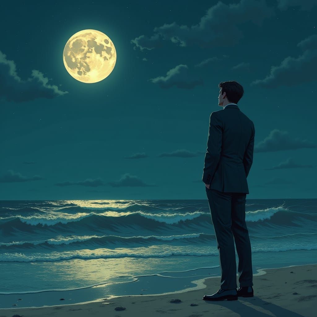 Longing Man on Moonlit Beach in Art Nouveau Style