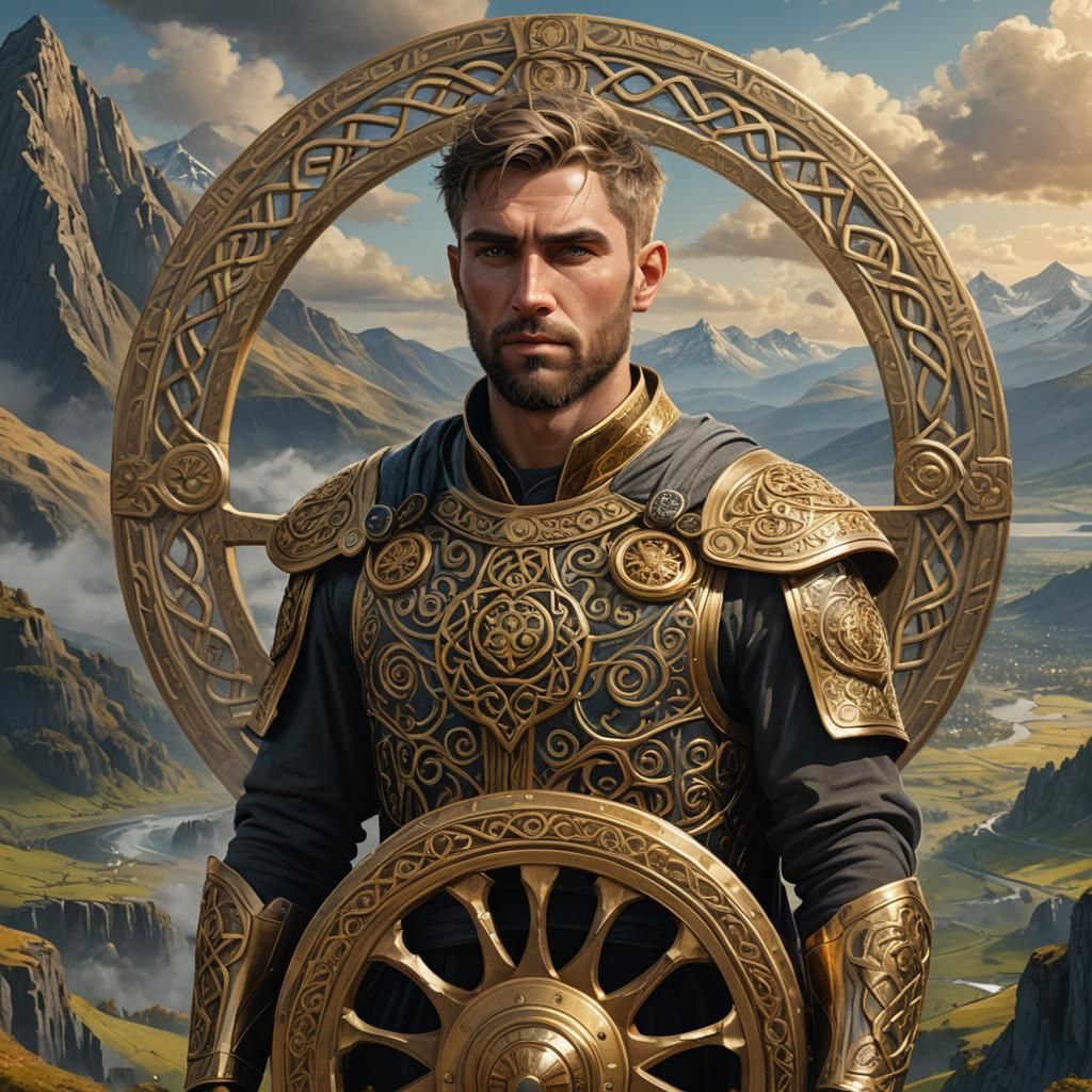 Celtic God Portrait with Golden Wheel