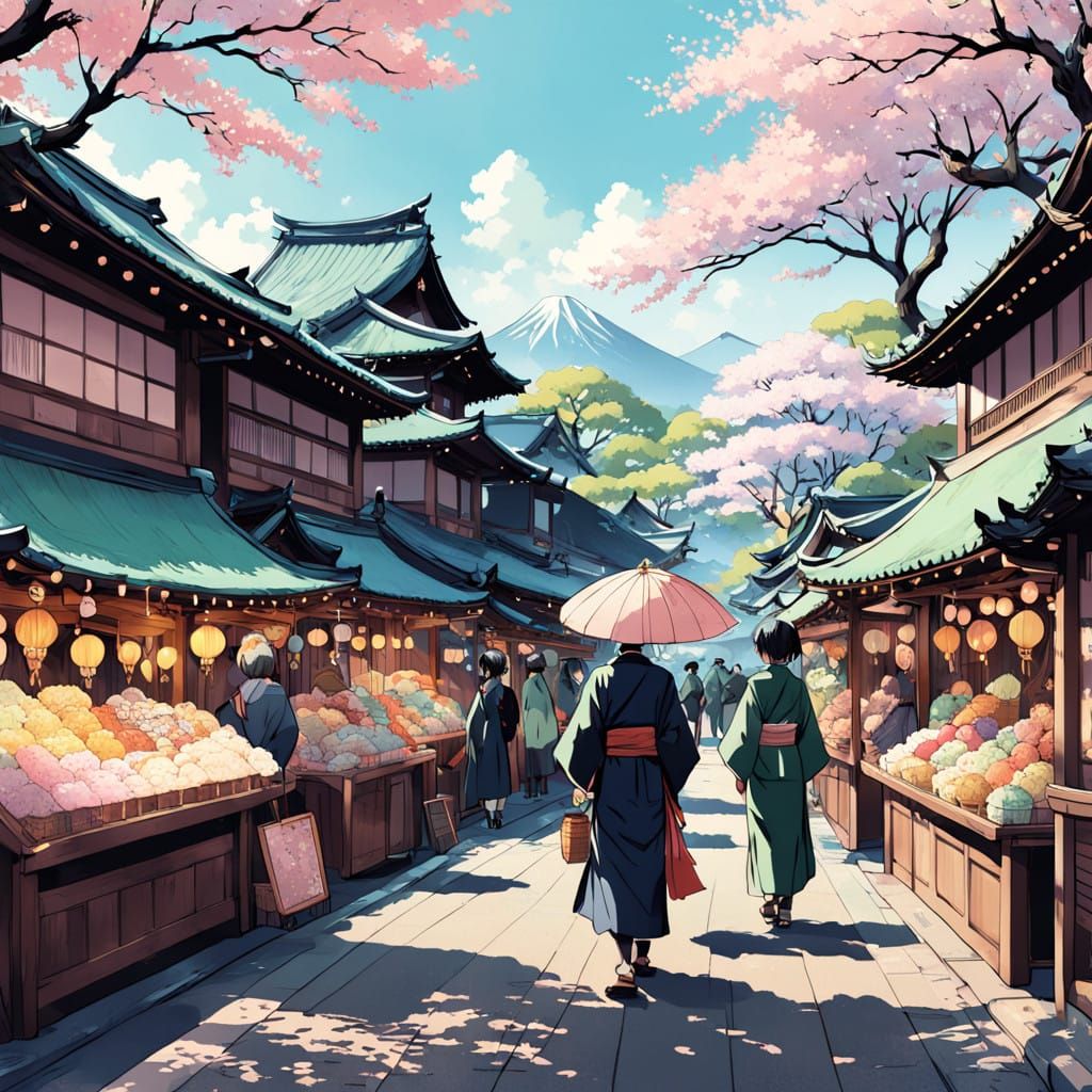 Traditional Japanese Anime Marketplace Scene