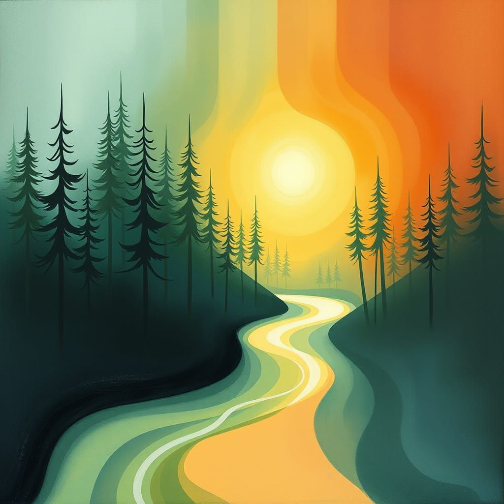 Surreal Pine Forest Landscape with River in Soft Expressioni...