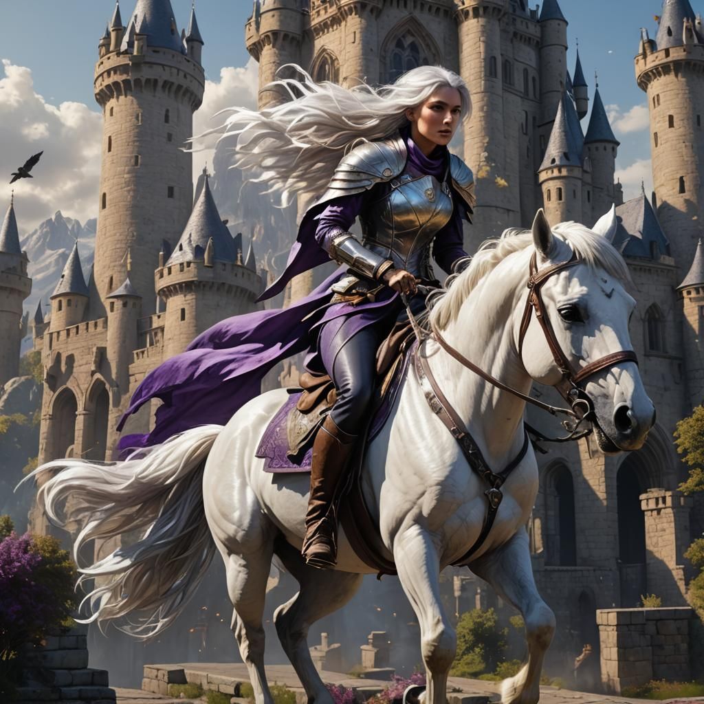 Silver Haired Woman Rides White Horse: Dark Fantasy Art
