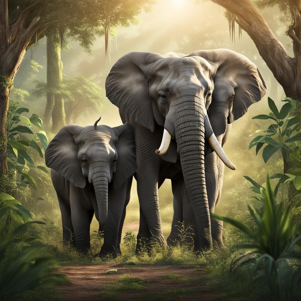 Elephant and Baby in Jungle Illustration