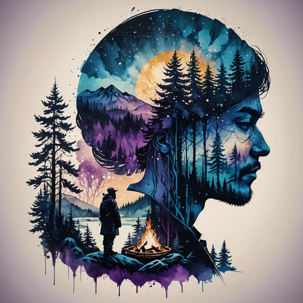 Shaman and Winter Forest Ink Illustration