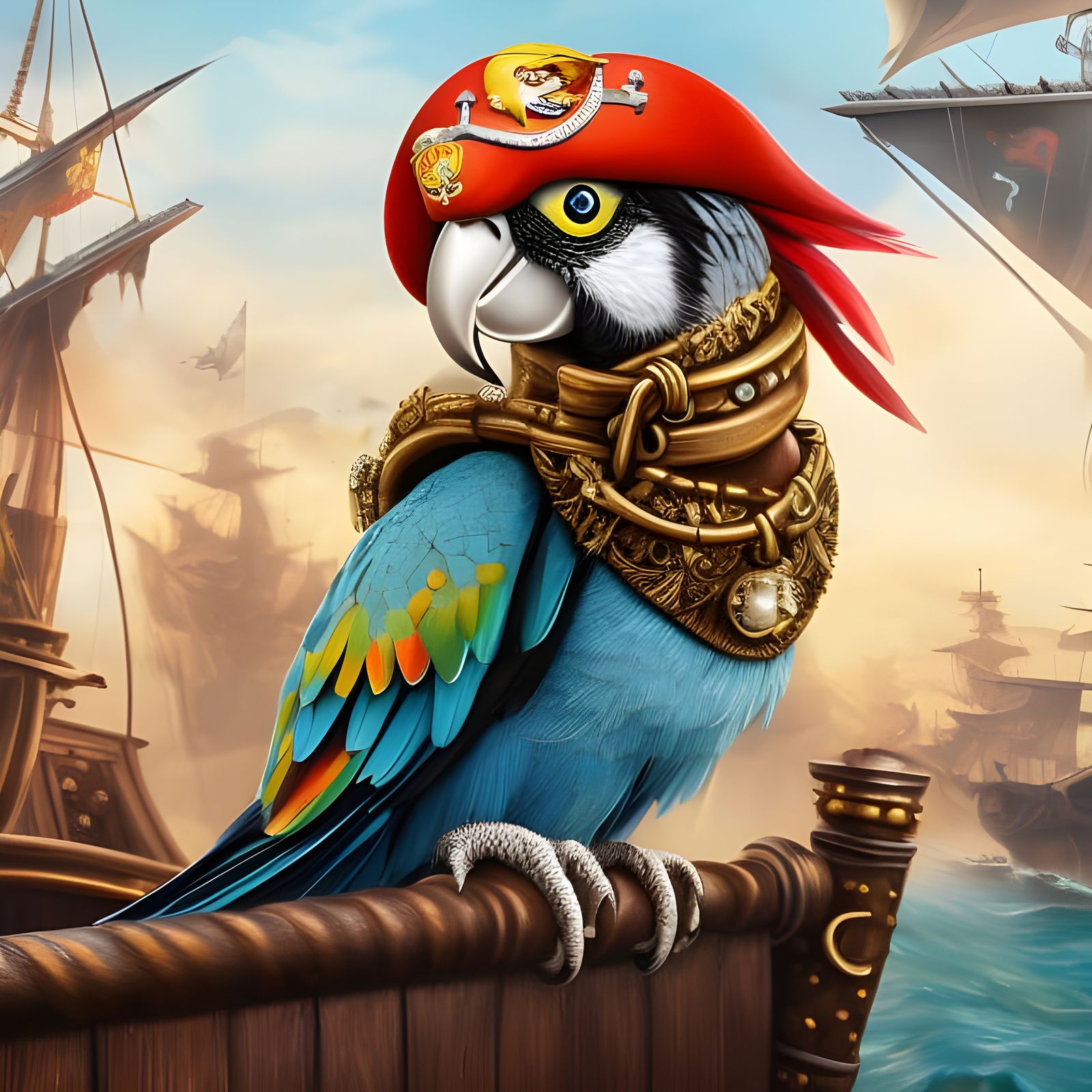 Cute Pirate Parrot on Ship, Oil Painting