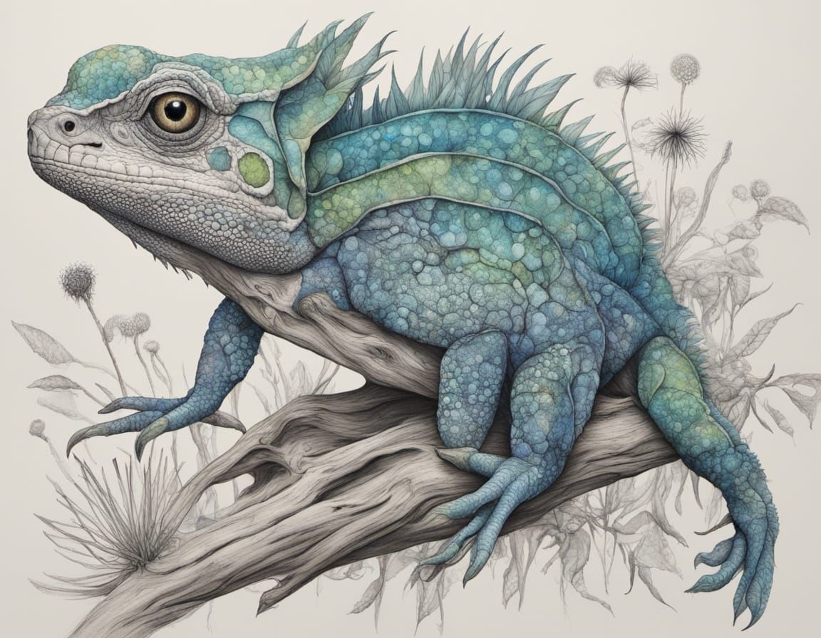 Pencil Sketch of Gothic Driftwood and Oyster in Blue Tones