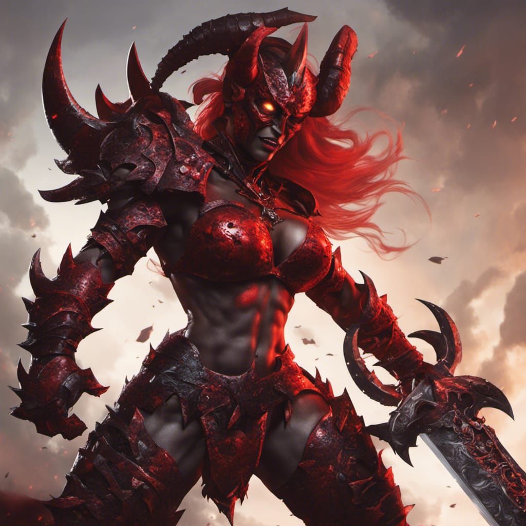 Red Demon Warrior in Granite Armor with Jagged Sword