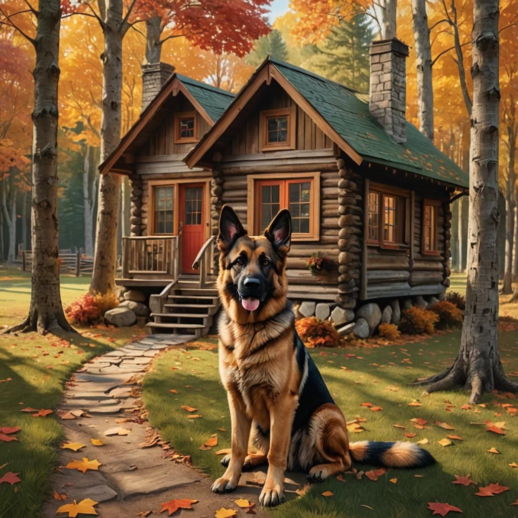 German Shepherd in Autumnal 3D Cabin Scene
