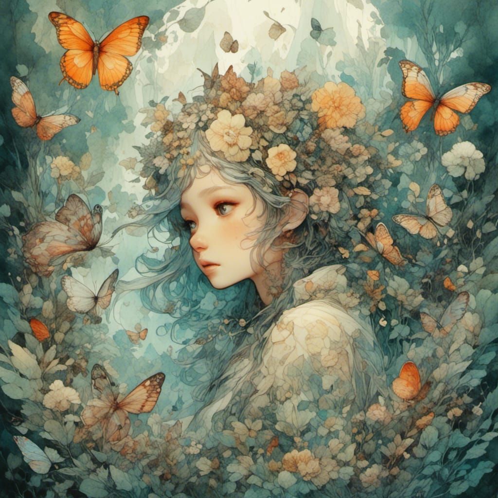 Fuzzy Bear in Watercolor Fantasy Collage