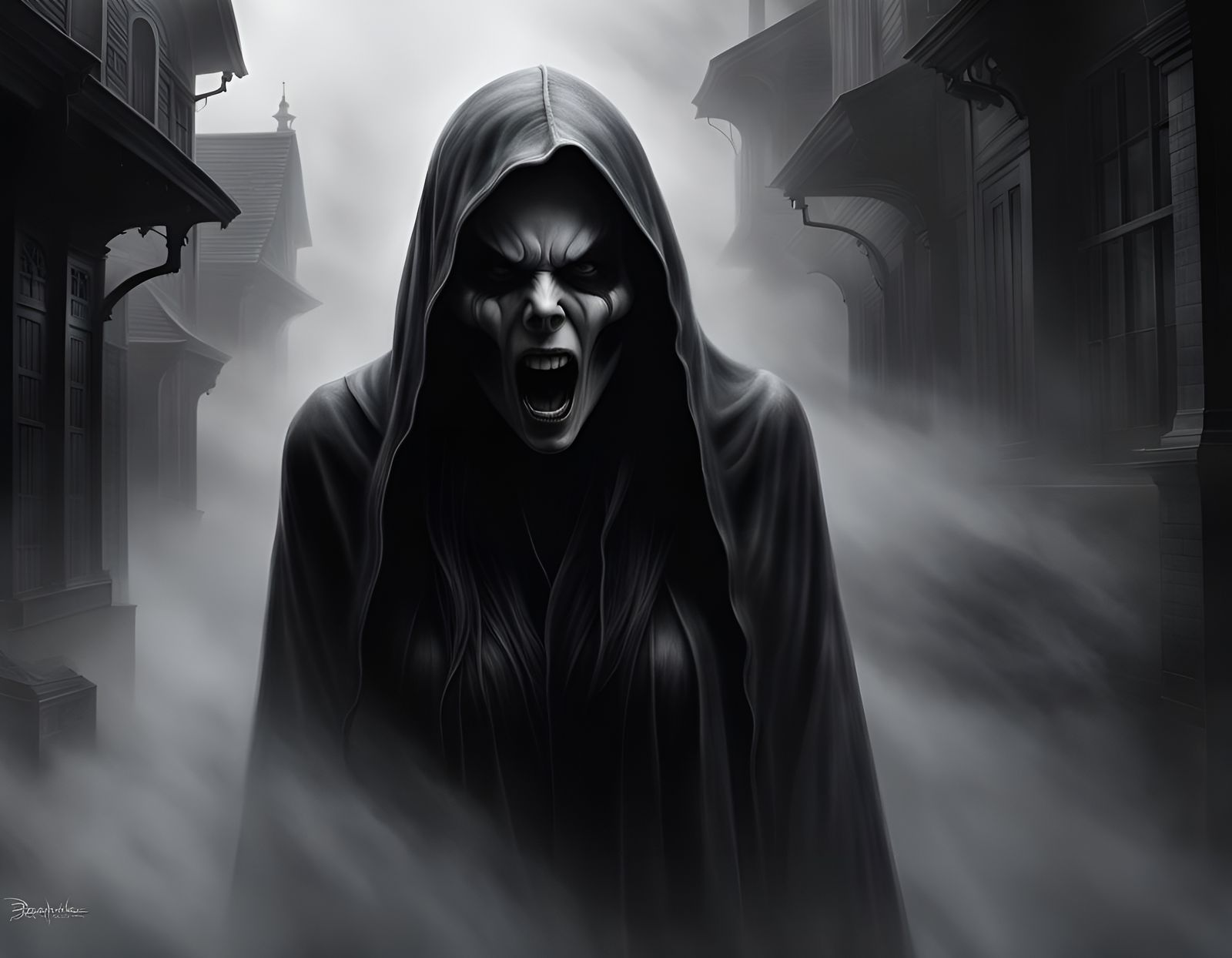 Ethereal Banshee Haunts Fogbound Streets: Digital Art