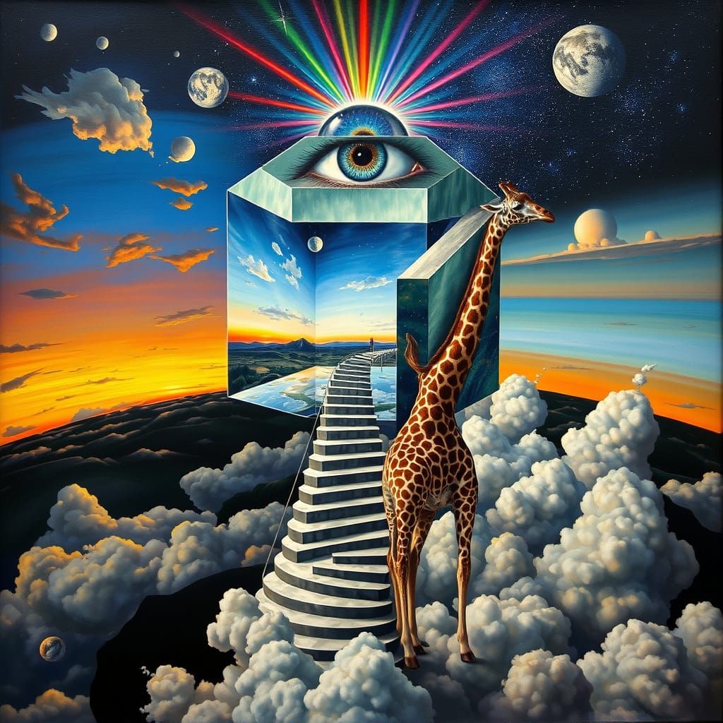 Surreal Glass Cube Reflecting Skies, Oil Painting