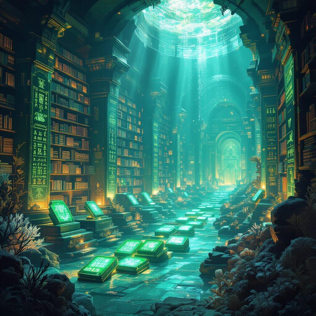 Ancient Atlantis Library with Emerald Tablets