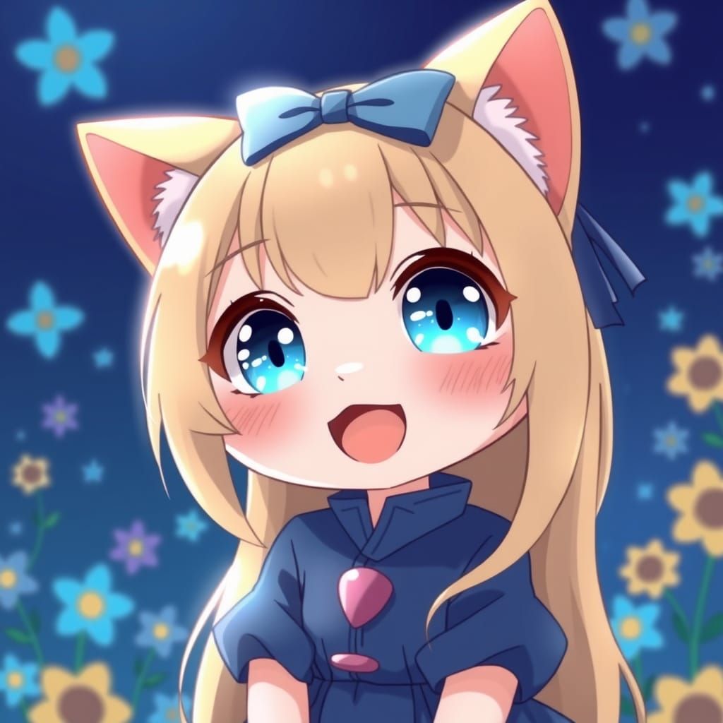Cute Chibi Anime Catgirl with Sparkling Blue Eyes