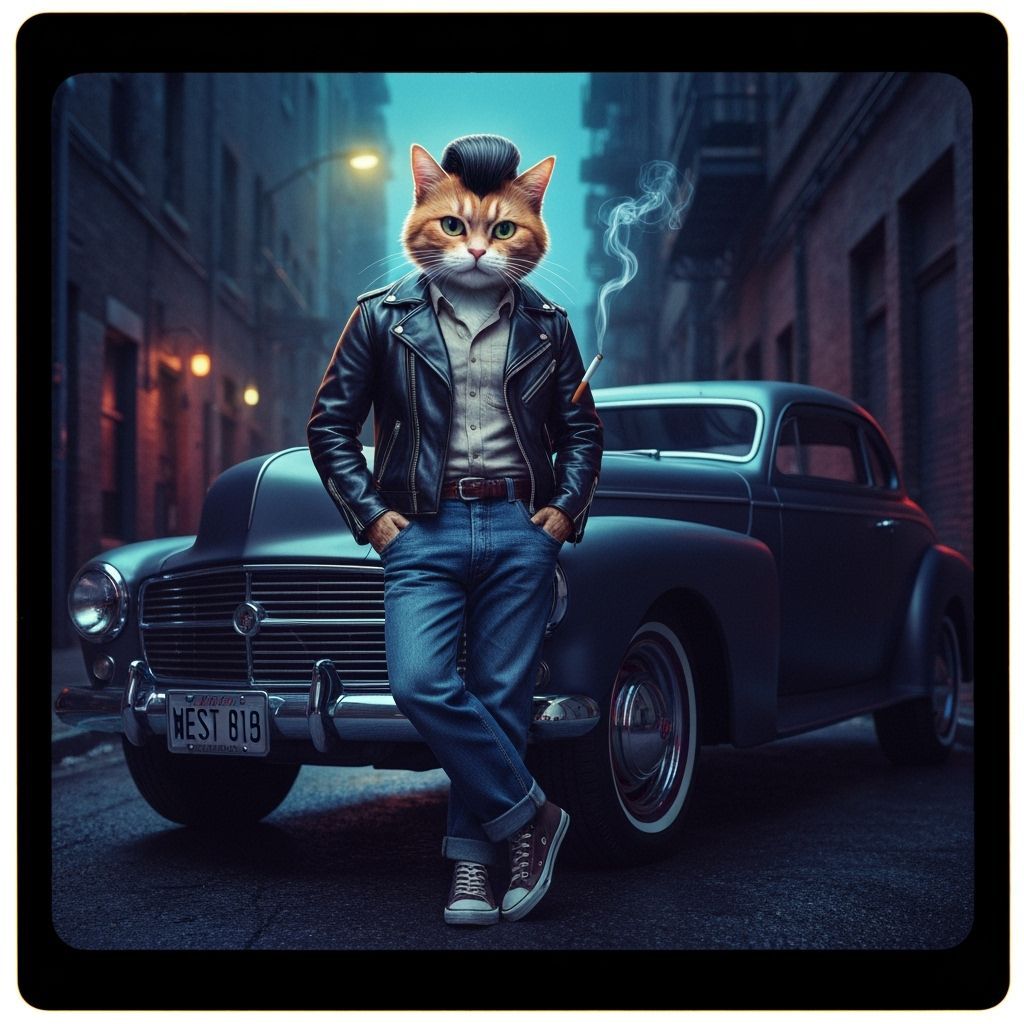 Greaser Cat Leaning on Hot Rod in Noir Style