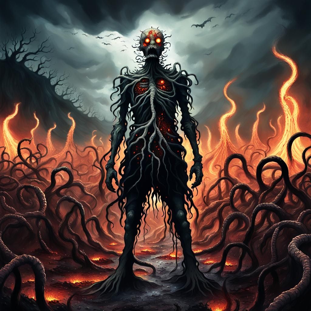 Dark Fantasy Figure Surrounded by Maggots in Twisted Hellish...