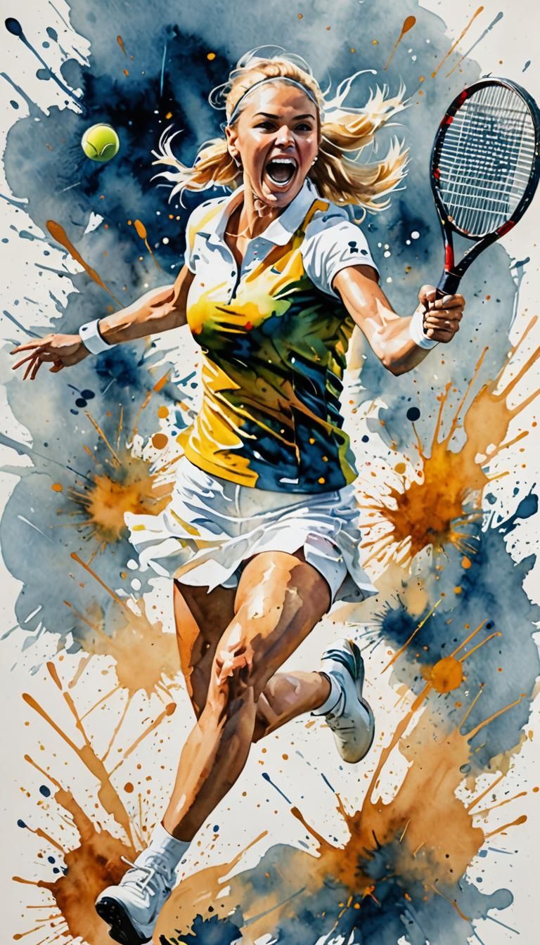 Dynamic Watercolor Tennis Player in Full Swing