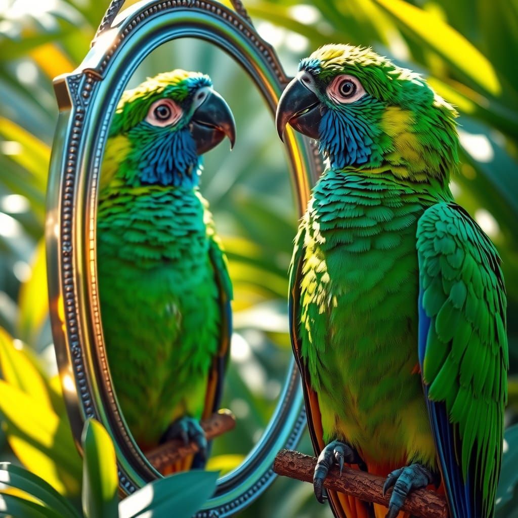 Hyper-Realistic Parrot Engages in Whimsical Self-Reflection
